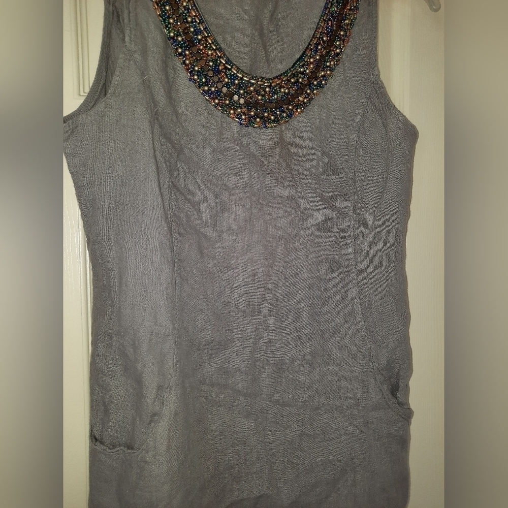 Lina Tomei Womens Dress Size S Gray Linen Stretch Beaded Neckline summer - Picture 2 of 8